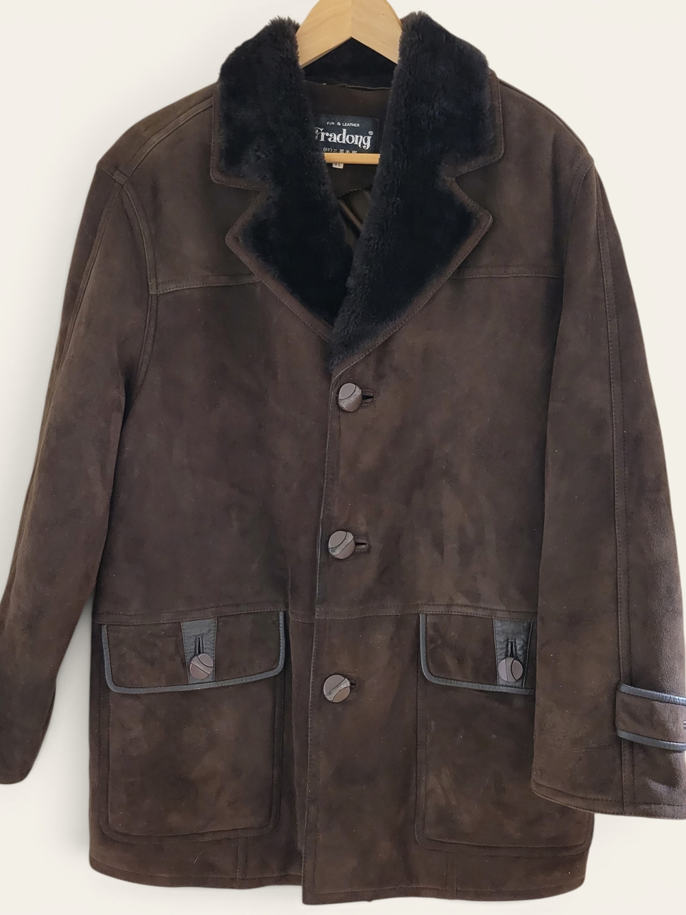 Men's Dark Brown Suede Pea Coat with Black Shearling Collar